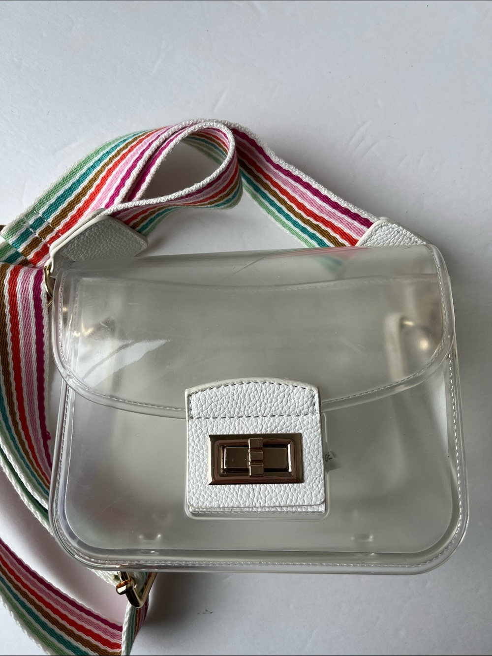 Clear White Crossbody Bag with Rainbow Strap Stadium Bag